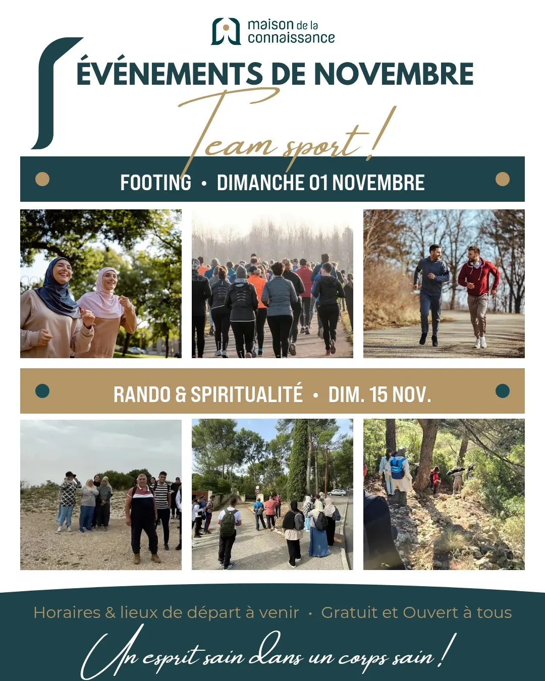 Affiche des événements de novembre : footing le 1er novembre, rando et spiritualité le 15 novembre